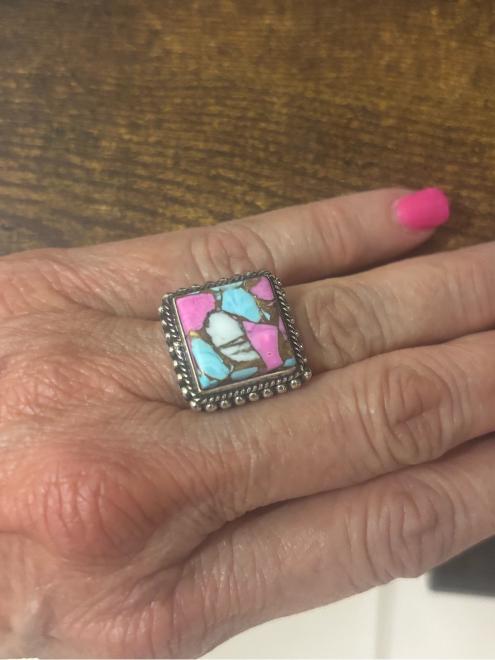 Square Inlay in Pink & Turquoise ring Size 7 perfect condition.